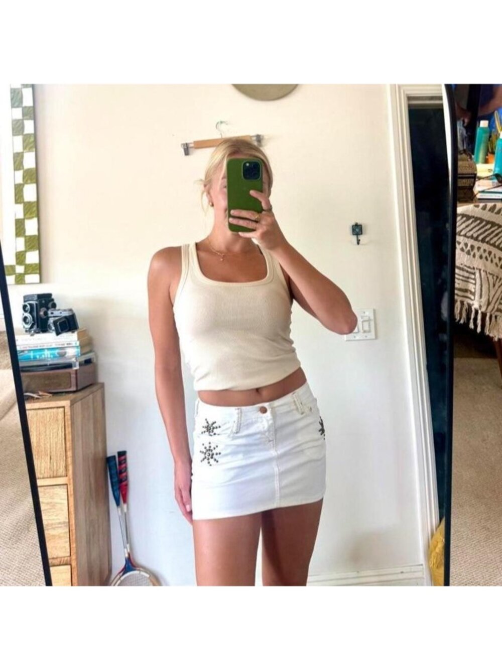 VIGOSS WHITE DENIM BOHO Y2K MINI SKIRT WOMENS 26